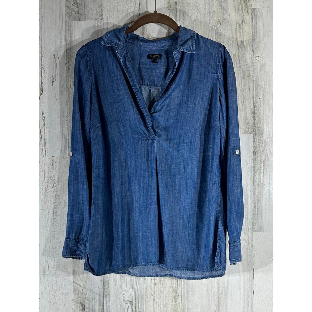 Talbots Popover Top Size P Petite Button Back Roll Tab Sleeves Blue Chambray